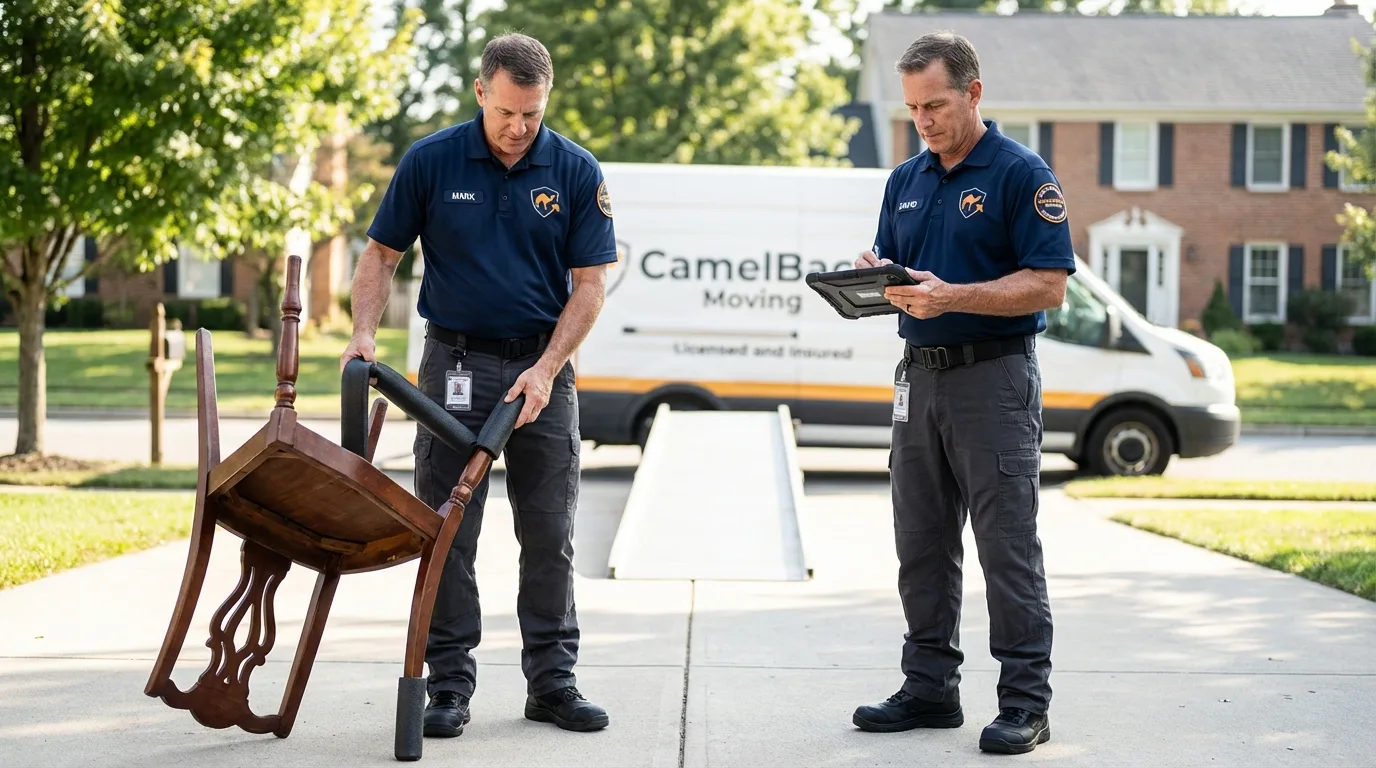 Movers inspecting furniture for damage prevention before loading in Provo, UT