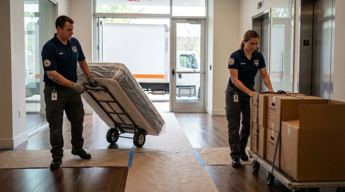 Professional apartment movers loading elevator in Provo, UT